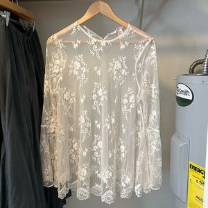 Victoria’s Secret Angel Sleeve Lingerie Lace Nightgown Dress Sheer Ivory Slip